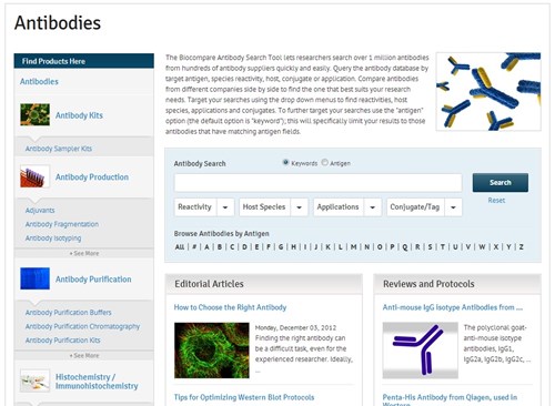 Biocompareの抗体検索結果画面